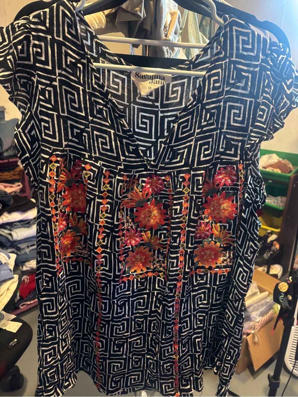 Savanna Jane Black and White Geometric with Embroidery